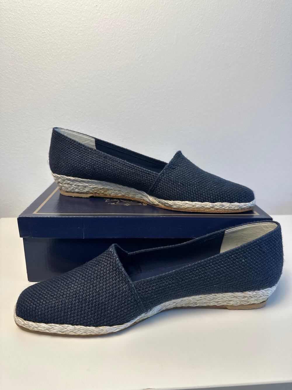 NIB Vintage Pappagallo "Pasha" Navy Sack Cloth Low Wedge Espadrilles | 11 M